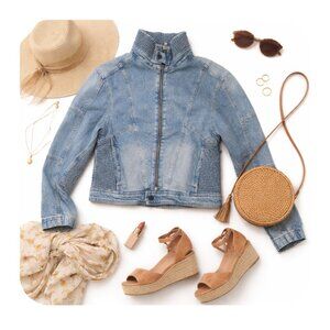 ZARA Women’s Denim Moto Jacket Medium Light Blue Jean Ribbed Biker Zip